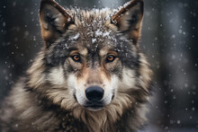 The Portrait Of A Lonely Alpha Gray Wolf Or Canis Lupus Standing And Gazing In The Snowy Night Of The Winter Forest, Generative AI.