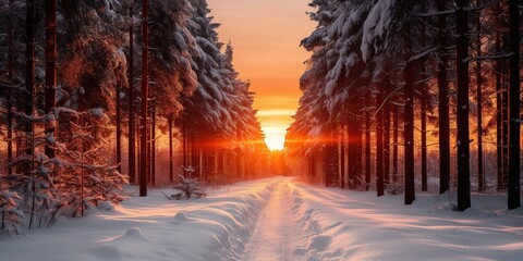 Poster - Beautiful winter snowy natural landscape at sunset