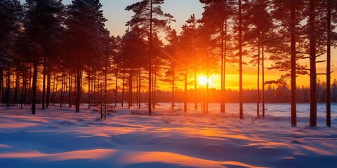 Poster - Beautiful winter snowy natural landscape at sunset