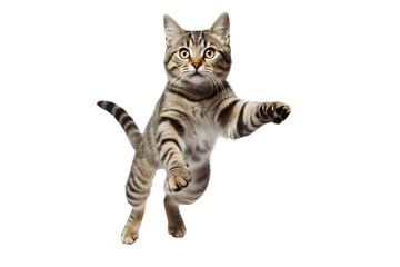 a beautiful tabby cat jumping full body on a white background studio shot