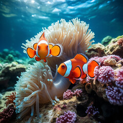 Wall Mural - Cute anemone fish playing on the coral reef, beautiful color clownfish on coral feefs, anemones on tropical coral reefs. Made with generative ai