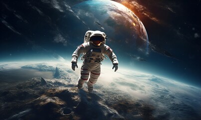 Wall Mural - astronaut exploring extraterrestrial planets or moon, ai generative