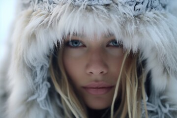 Wall Mural - close-up of a snowflake on a fur hood