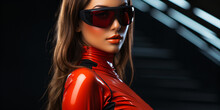 Portrait Of A Modern Woman In Red Latex Clothes With Cool Sunglasses