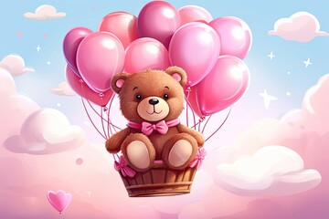 cute teddy bear in a basket with pink balloons illustration