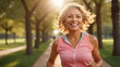 portait smiling of Mature woman running outdoors, maintaining a healthy lifestyle through regular exercise, embracing fitness and wellness in a natural environment.