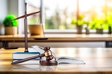 Poster - Law, legal, Justice concept, gavel and libra on office desk, AI generated image