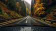 Driving on the motorway on a dark moody day with autumn colorful leaves.generative ai