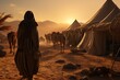 Bedouin people and their nomadic way of life in the desert, with tents, camels, and traditional clothing.Generated with AI
