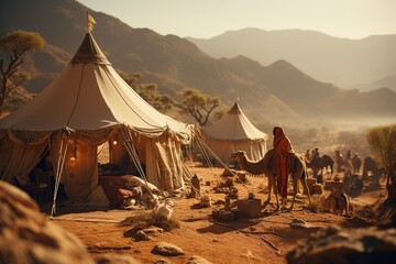 Bedouin people and their nomadic way of life in the desert, with tents, camels, and traditional clothing.Generated with AI