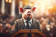 Politician liar as a pig gives people impossible promises speaking from the tribune. Generative AI