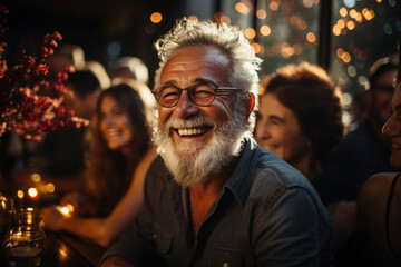 Wall Mural - senior man at party Elderly man smiling and happy with good health Celebrating a party with friends with colorful lights at night.