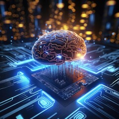 Aufkleber - Circuit board computer with brain. Artificial neural network.