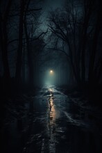 Vertical Image Of Scary Dark Night Park Alley After Rain With One Lantern In The Distance