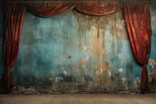 Old Red Dirty Faded Theater Curtain Against The Background Of A Weathered Blue Wall With Cracks On It. Long Time Abandoned Scene
