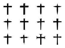 Catholic Christian Cross Vector Set. Spooky Cemetery Silhouette Collection Of Halloween Cross Vector. Church Cross Icon Symbol Set.