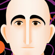 Generative AI tight portrait of a bald, androgynous, emotionless person with prominent eyebrows, dilated pupils, long narrow nose, and thin pursed lips. Black background with abstract colored shapes.
