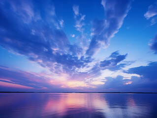 twilight sky, deep blue gradient transitioning to indigo, glowing horizon, soft ambient light, long 