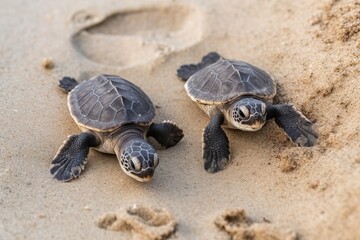 Two little baby aquatic turtles crawl on the beach sand