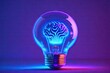 Light bulb glowing, brainstorm concept, new ideas. Generative ai, on purple neon background