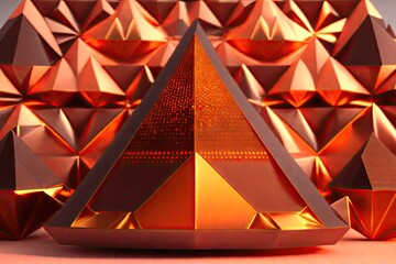 Wall Mural - Sci-fi landscape with 3D mountain pyramids in retrofuturistic synthwave style, orange light, generative ai