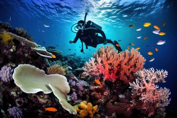 Coral Reef, diver and fishes