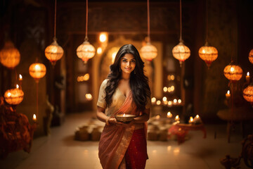 indian woman Celebrating diwali festival.