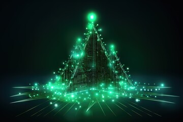 futuristic glowing green christmas tree , digital electronic programming neon code with green lines and dots, science and technology, Glowing rays with flickering particles , New year banner .