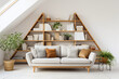 Interior of attic living room with white sofa, bookshelves and plants. 3d render