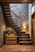 Interior Of Modern Living Room With Wooden Stairs And Dark Stone Wall. 3d Render