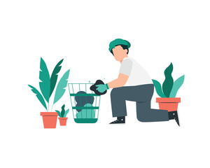 Gardener with plants in pots. Flat style vector illustration.