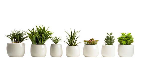 set of plants in ceramic pots. decoration plants. fresh agriculture. front view. isolated on transpa