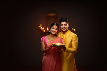 Canvas Print - Indian couple celebrating diwali festival.