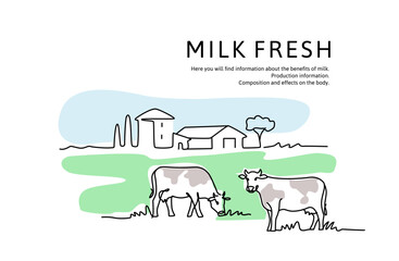 Wall Mural - Village cows sketch line. Rural landscape countryside.