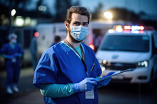 Male EMS Key Worker Doctor In Front Of Healthcare Ambulance Vehicle, Wearing Protective PPE Face Mask Equipment, Holding Medical Lab Patient Health Check Form. COVID-19 Pandemic Outbreak Crisis.