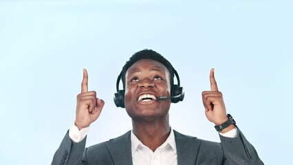Poster - Black man, callcenter consultant pointing up and communication with guide lines or information in studio. Customer service presentation, telemarketing news and CRM with contact us on blue background