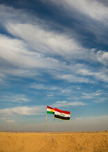 Iraqi And Kurdish Flags On The Frontline, Kirkuk, Kurdistan, Iraq