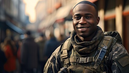 African American soldier in military uniform smiling on the street