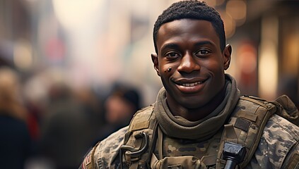 African American soldier in military uniform smiling on the street