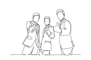 Wall Mural - Single one line drawing group of young happy businessmen standing together and giving thumbs up gesture. Business owner teamwork concept. Modern continuous line draw design graphic vector illustration