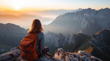 Hipster Young Girl With Backpack Enjoying Sunset On Peak Of Foggy Mountain. Tourist Traveler On Background View Mockup. Hiker Looking Sunlight In Trip In Spain Country, Mock Up Text.