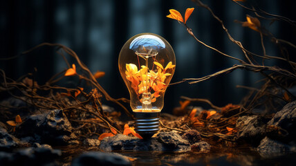 Sticker - Conceptual image with incandescent light bulb in the dark forest