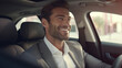 © Ai Studio - Elegance on the Road: A Happy, Attractive Man in a Suit Sporting a Perfect Smile Inside a Car .