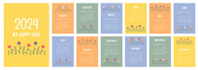Calendar 2024 Template. Monthly Calendar 2024 With Cute Flowers In Trendy Colors, Cartoon Style. Starts On Monday. A Modern Calendar For The Office, Organizer Or For A Gift. Design Template.
