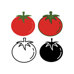 Poster - Organic fruit round tomato. Fresh and ripe of red cherry tomato. Juicy vegetable is tomato with leaf. Tomato icon, vegan, vegetarian, fresh. Vector illustration. Design