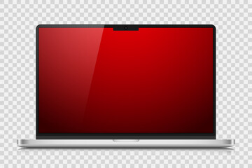 Fototapete - A realistic laptop with a red gradient screen and reflection on a transparent background. The layout of a modern laptop in a silver thin metal case. Vector illustration.