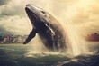 A whale leaping from water, mouth agape. Generative AI