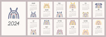 Calendar 2024 Template. Monthly Calendar 2024 With Boho Cute Animals Rainbows Bunny, Fox, Lion, Cat, Giraffe. Trendy Colors, Cartoon Style. Starts On Sunday. A Modern Calendar For Kids. 