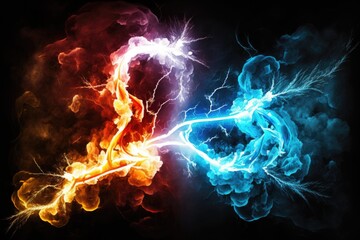 Canvas Print - Abstract background of red, blue and yellow colored smoke in the form of a lightning bolt