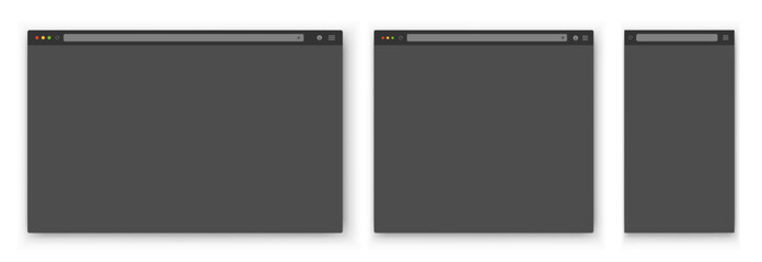 Fototapete - A set of gray browser windows of different shapes on a white background. Website layout with search bar, toolbar and buttons. Vector EPS 10.
